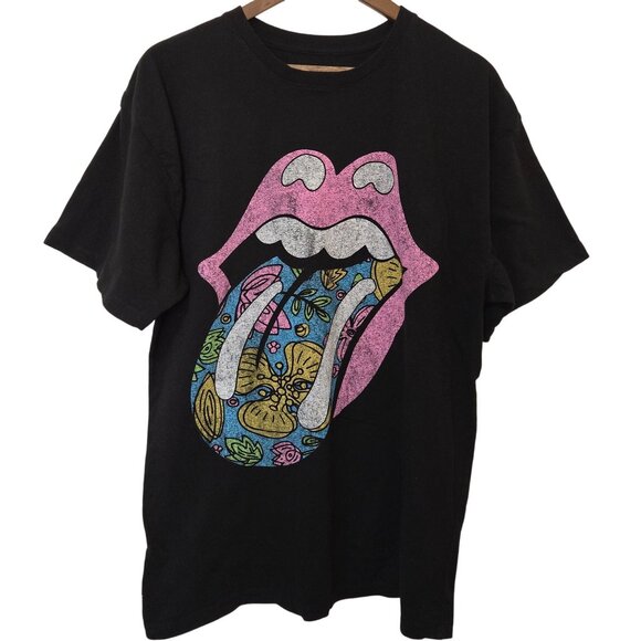 The Rolling Stones Black T-Shirt L/XL Pink Lips & Floral Tongue 100 % Cotton - Picture 1 of 4